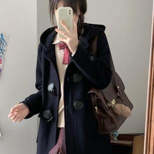 牛角扣绀色毛呢大衣女学院风jk制服中长款小个子连帽呢子外套