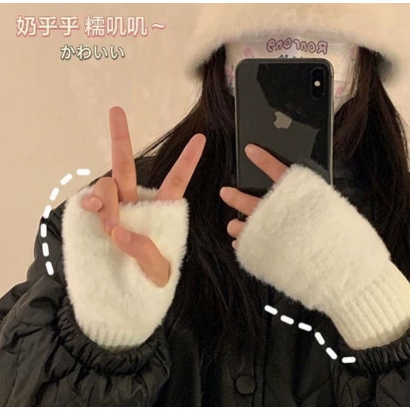女生保暖毛线半指手套毛绒针织款