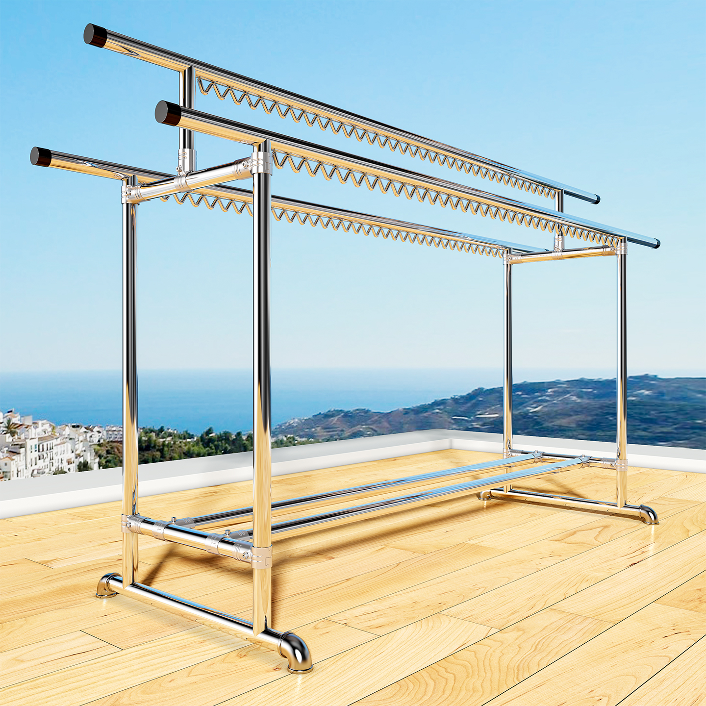 不锈钢304202晾衣架增高阳台加粗挂衣杆落地户外防风防锈晒衣架