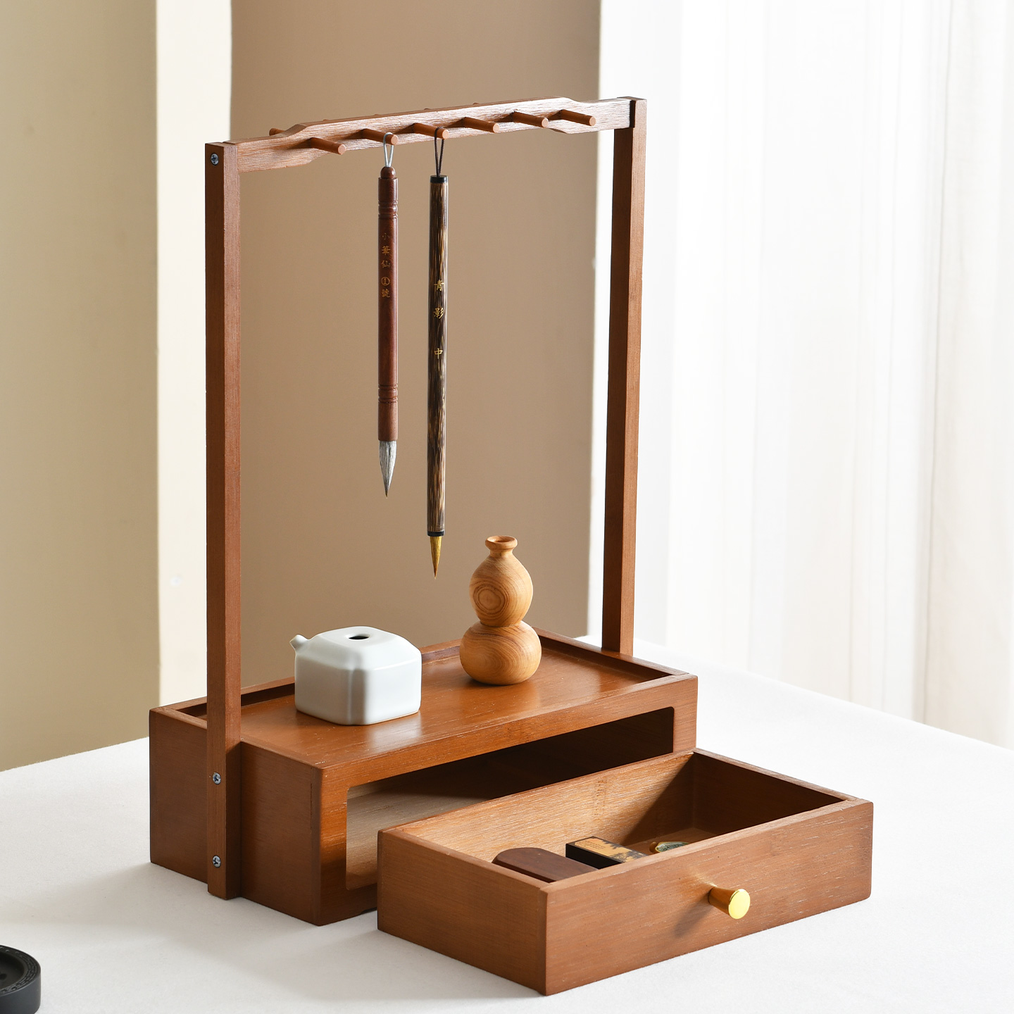 赵北新中式多功能楠木抽屉笔挂