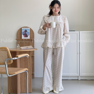 法式重工领口刺绣碎花家居服套装