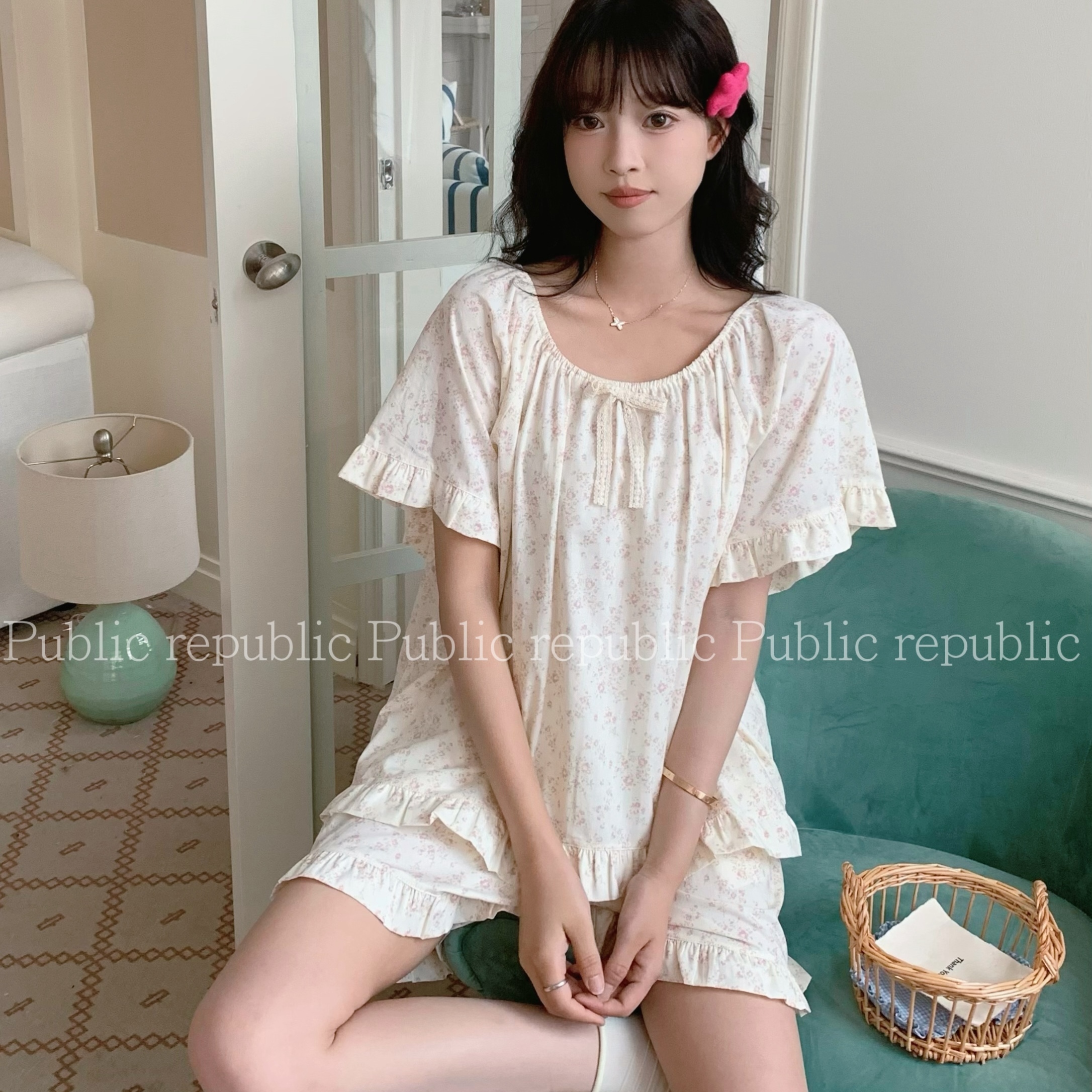 女装夏季小清新碎花睡衣套装蝴蝶结款家居服