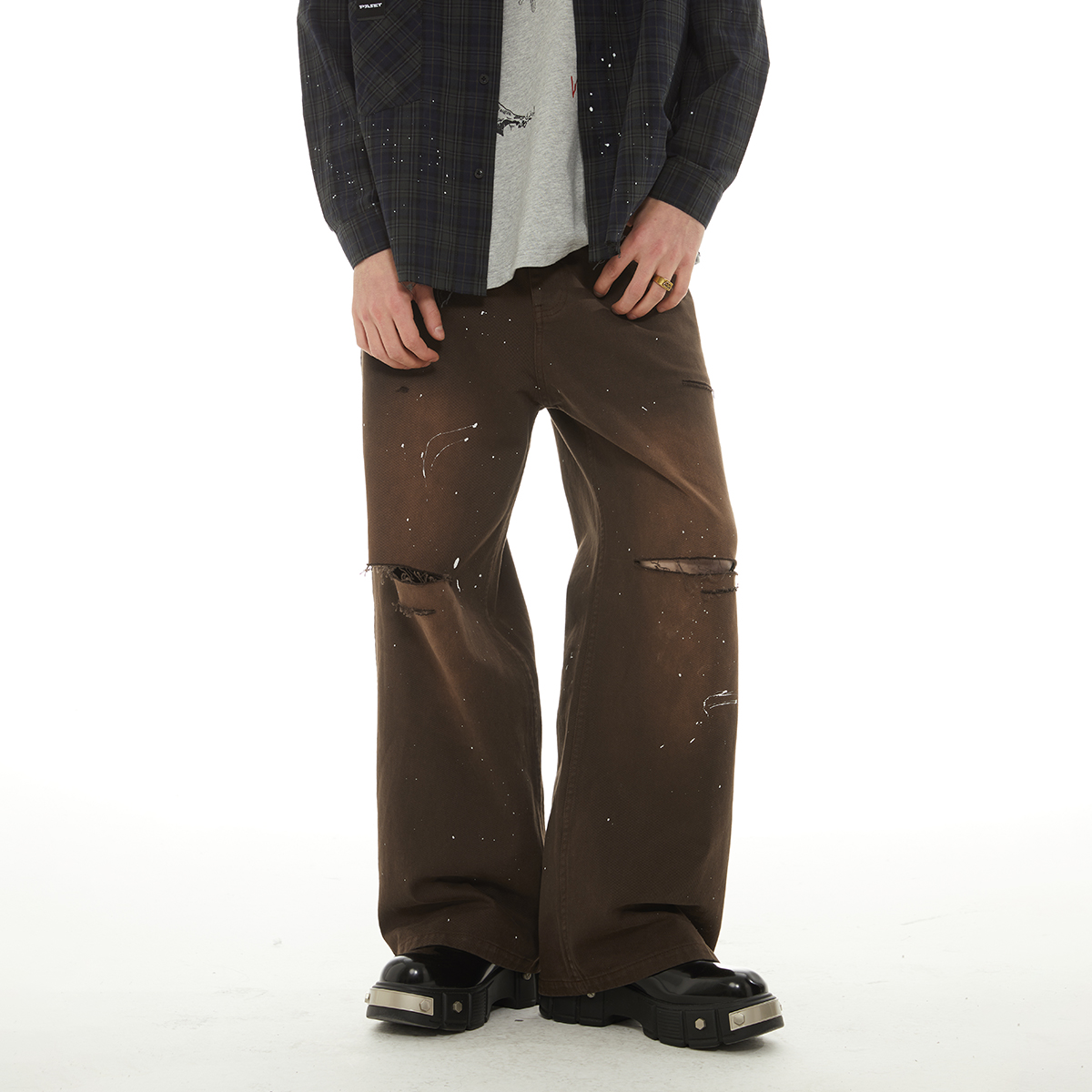 PASET美式水洗做旧刀割破洞长裤