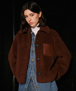 COVER冬季柔软羊毛小翻领短款羊毛落肩袖毛呢外套