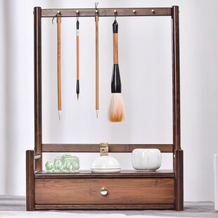 多功能毛笔挂架抽屉式毛笔架实木笔挂新中式文房四宝初学者书法专用收纳置物架挂毛笔挂的笔架摆件