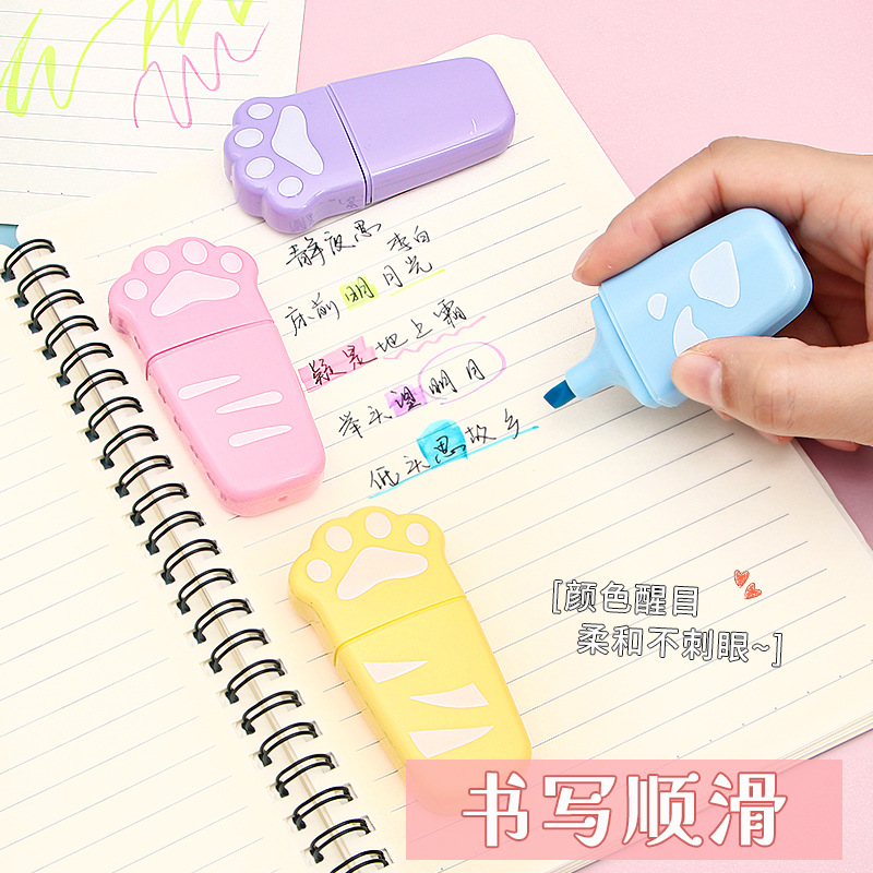 创意猫爪荧光笔小学生大容量划重点专用护眼记号笔高颜值文具