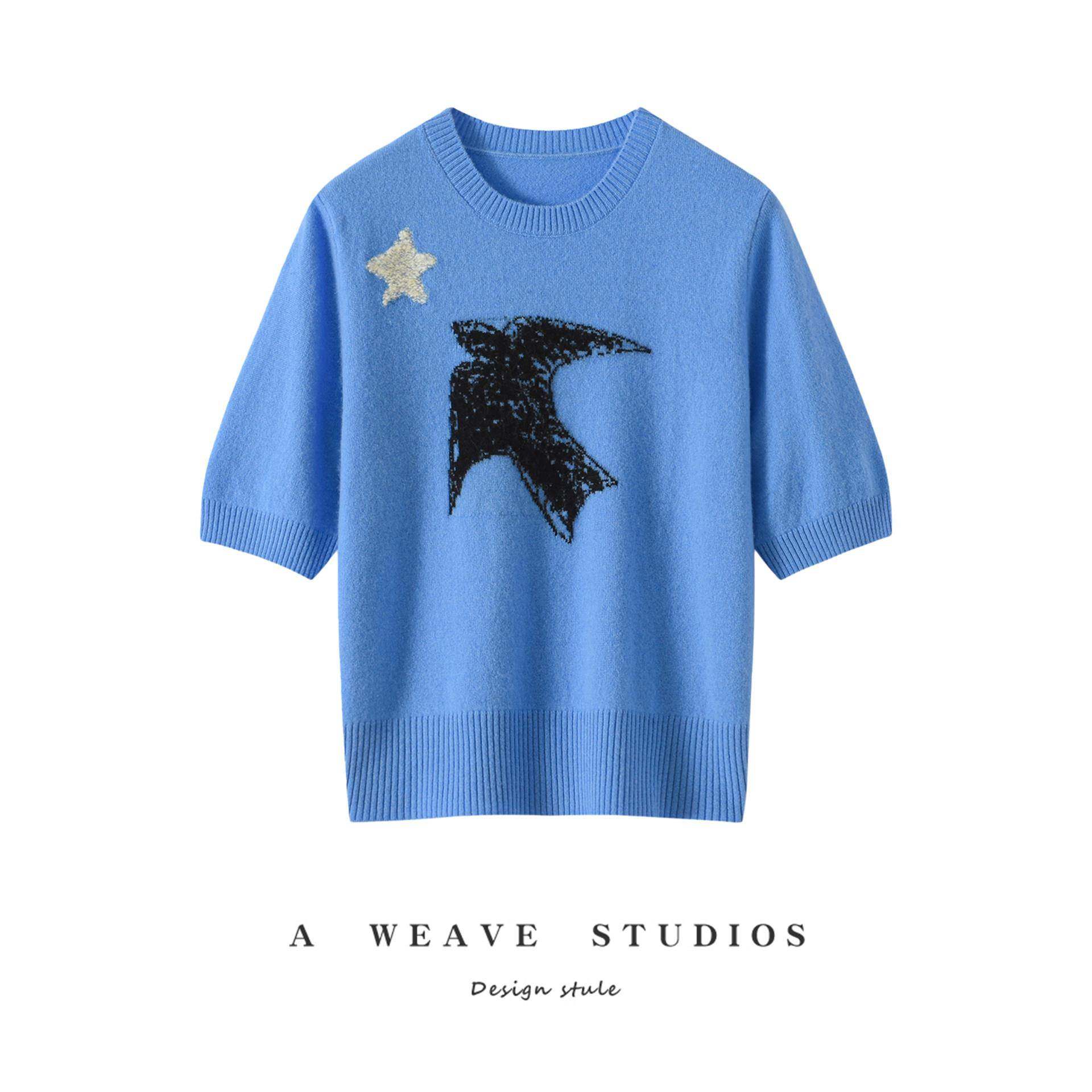 五角星毛巾绣！设计师小众山羊绒短袖女圆领减龄飞鸟针织衫,女装/女士精品,羊绒衫,淘宝优惠券,粉丝福利购,淘宝优惠卷