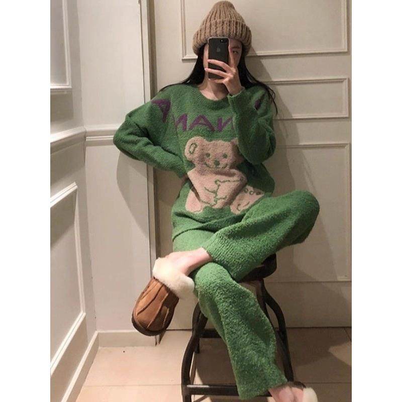 软绵绵睡衣女秋冬款加绒加厚小熊毛绒针织舒适宽松长裤家居服套装