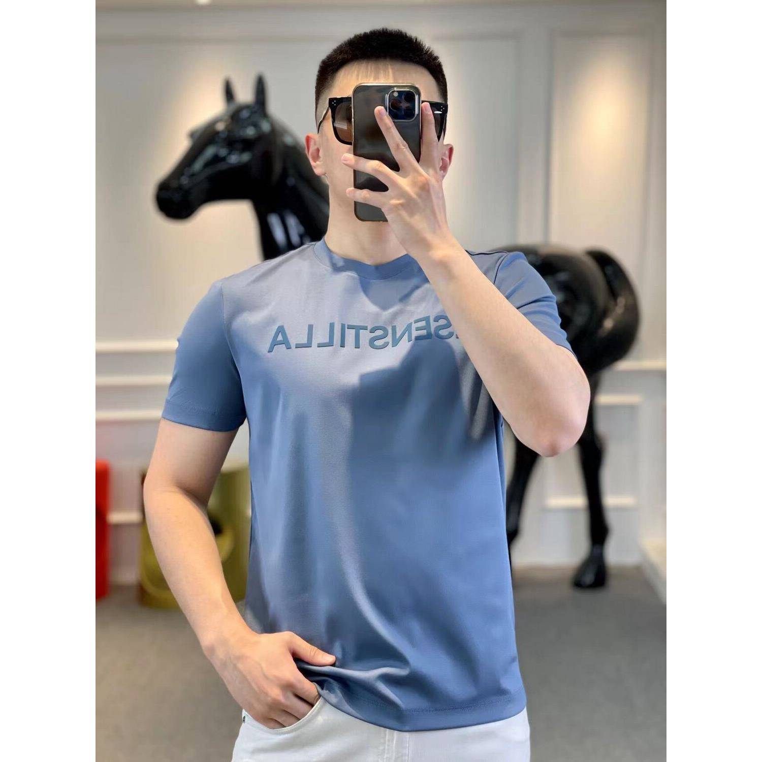 欧洲站定制高端字母简约t纯色短袖男士修身时尚印花免熨烫冰丝T恤