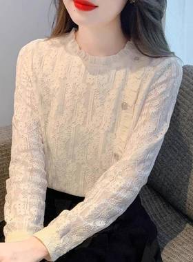 欧洲站蕾丝底女衬衫2025新款秋冬内穿可外穿高底丝绒加厚衬衫trbo