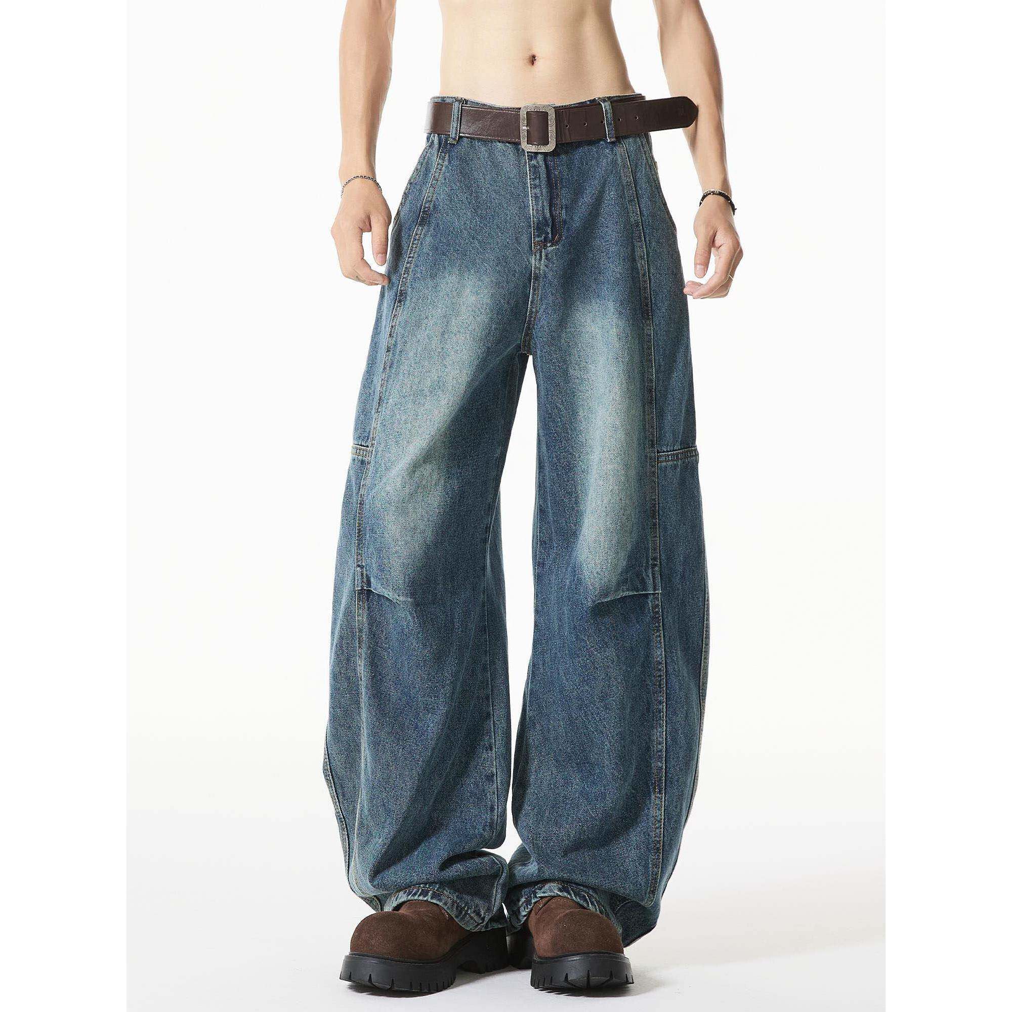 美式覆古蓝高街弯刀牛仔裤男款春秋潮牌痞帅宽松直筒男生阔腿裤子