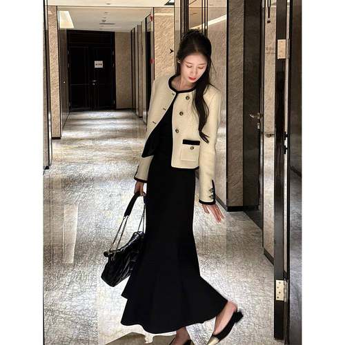 欧洲站秋冬新款法式高级感名媛气质小香风外套黑色连衣裙两件套装