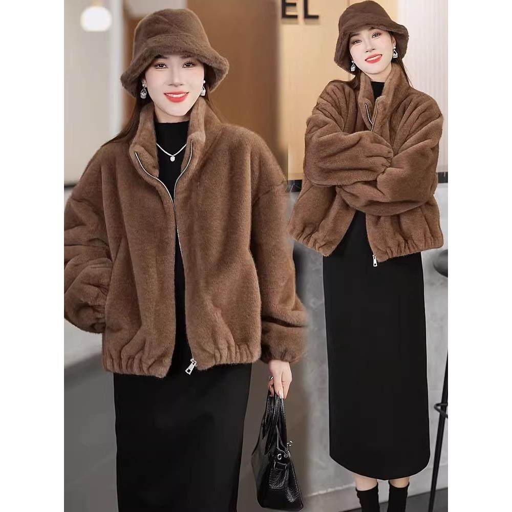 香港代购彷水貂绒皮草短外套女冬季新款时髦立领显瘦短款毛毛外套