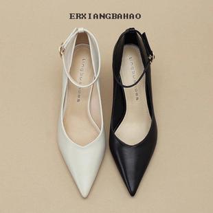 香港一字扣黑色高跟鞋女米白色职业工作销售细跟矮低跟小码单鞋31