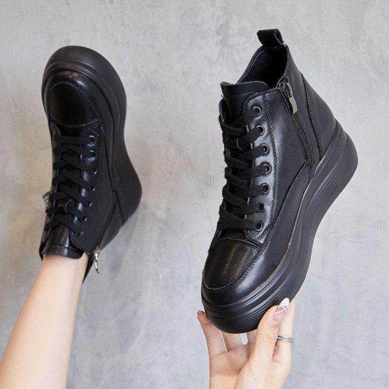 头层牛皮小黑鞋女内增高8CM侧拉链真皮高帮鞋秋冬舒适百搭及踝靴,女鞋,高帮鞋,淘宝优惠券,粉丝福利购,淘宝优惠卷