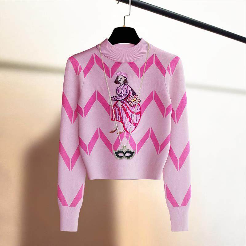 潮牌洋气刺绣套头毛衣女2025春秋冬季高腰打底保暖内搭上衣针织衫