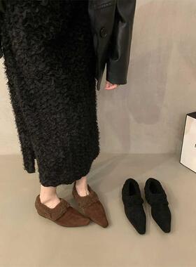 香港覆古加绒保暖单鞋女冬季新款时尚黑色百搭显瘦毛毛鞋棉单鞋
