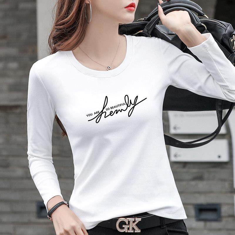 韩国白色修身纯棉长袖t恤女士春秋内搭新款上衣加绒打底衫保暖