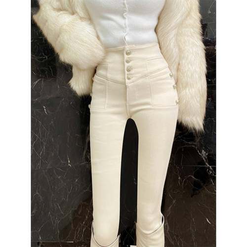 韩国米白色牛仔裤女高腰修身显瘦紧身弹力春秋显高休闲铅笔小脚裤