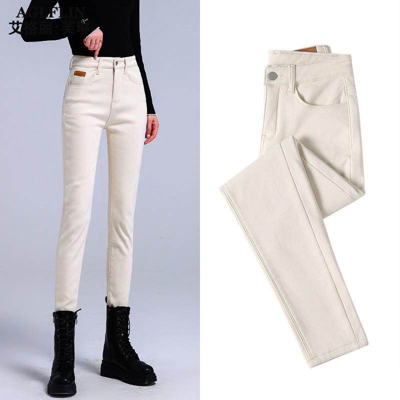 米白色高腰牛仔裤女加绒加厚小脚裤2025春秋新款百搭紧身铅笔长裤