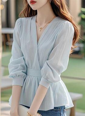 香港TIMO秋季女法式高级感轻奢减龄洋派超好看淡蓝色雪纺条纹衬衫