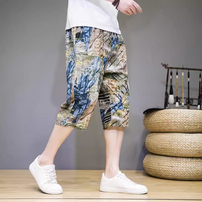 亚麻七分裤子男夏季潮牌薄款宽松印花短裤新款棉麻百搭休闲沙滩裤
