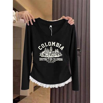 韩国Honey koko⭐V领蕾丝收腰长袖t恤女设计感修身黑色上衣春秋冬