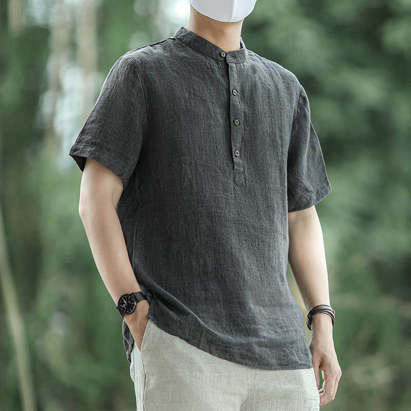 亚麻灰色衬衫男夏季2025新款复古中式透气休闲套头无领短袖衬衣服