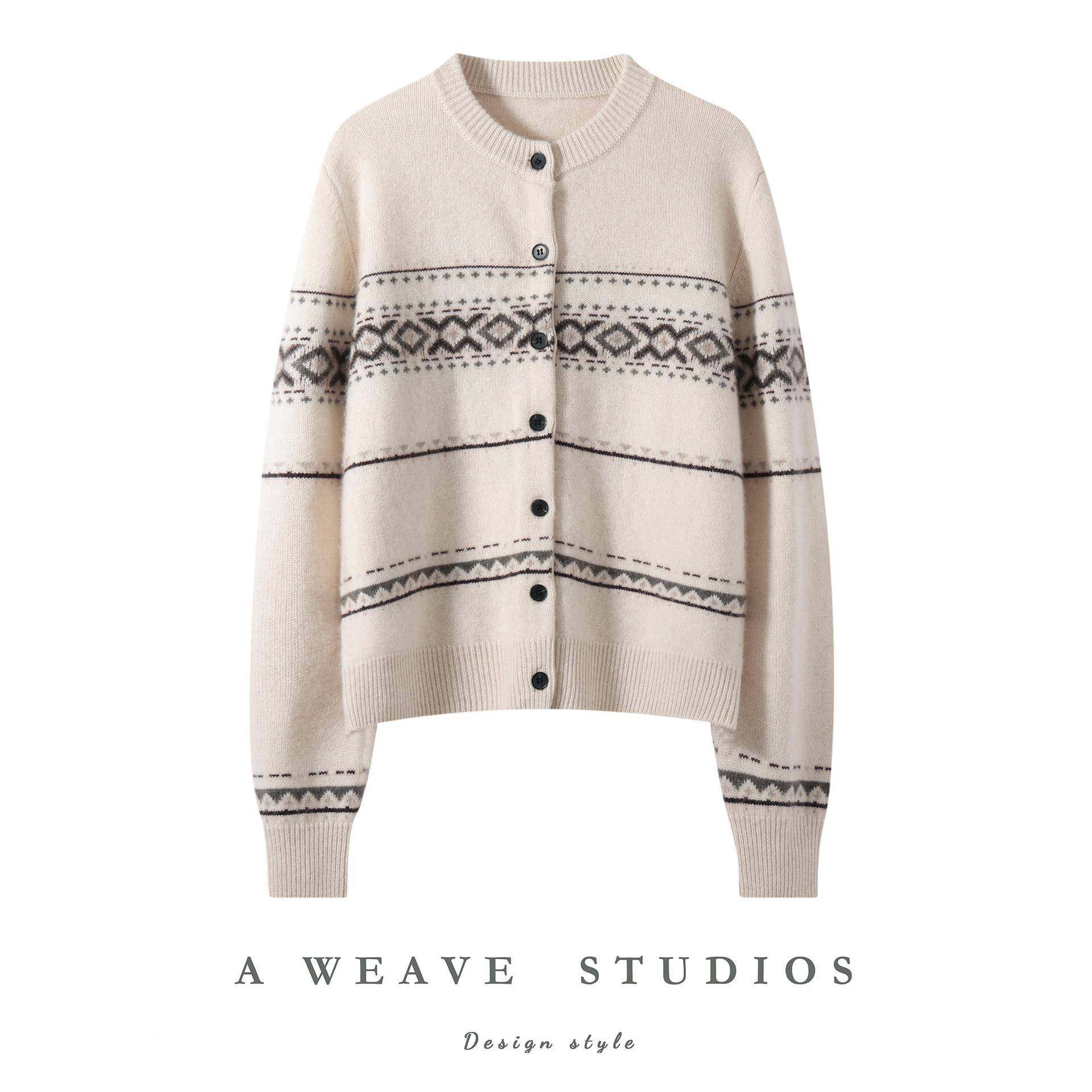 2025秋冬新款山羊绒衫女圆领提花针织开衫女宽松显瘦百搭毛衣外套,女装/女士精品,羊绒衫,淘宝优惠券,粉丝福利购,淘宝优惠卷