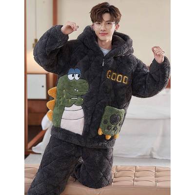 青少年睡衣男冬季珊瑚绒三层夹棉加厚加绒大码秋冬款初中学生套装