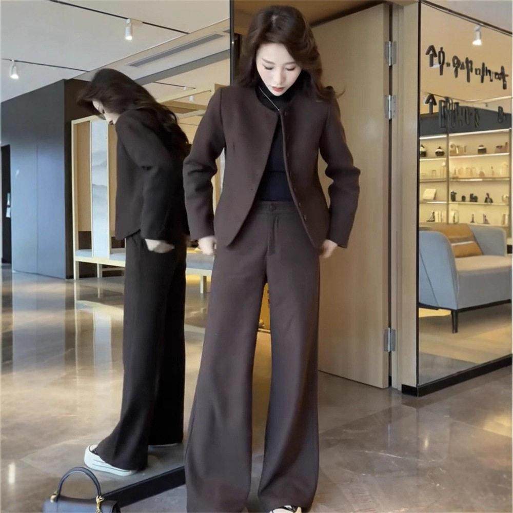 2025秋冬新款气质夹棉毛呢西装女套装胖mm显瘦通勤两件套大码女装