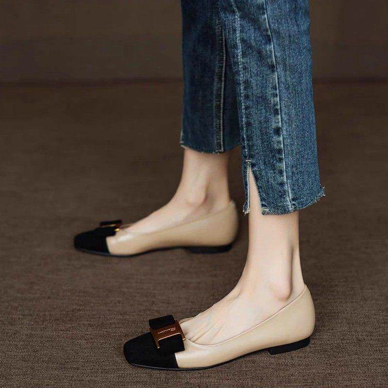 方头拼色真皮平底单鞋女2025年春秋季新款软底浅口蝴蝶结小皮鞋子,女鞋,浅口单鞋,淘宝优惠券,粉丝福利购,淘宝优惠卷
