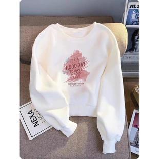 专柜白色圆领套头短款卫衣女2025春秋薄款小个子韩版宽松长袖上衣