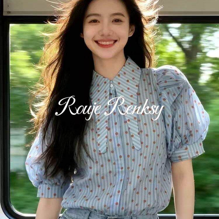 法国Rouje Renksy法式设计感波点泡泡袖衬衫女夏通勤拼接短袖上衣
