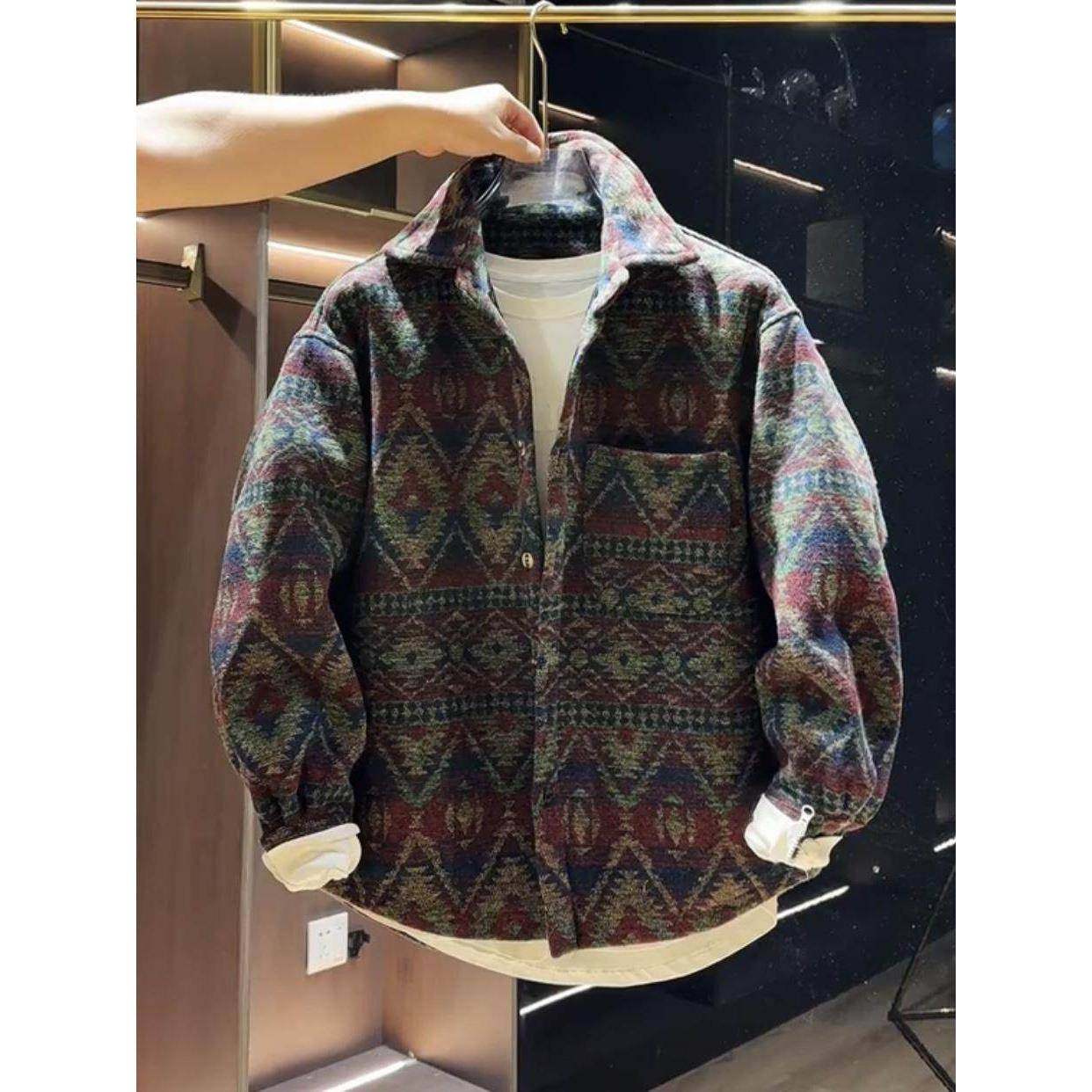 Home Daily~秋冬夹棉覆古民族风提花衬衫外套男宽松百搭翻领上衣,男装,牛仔外套,淘宝优惠券,粉丝福利购,淘宝优惠卷