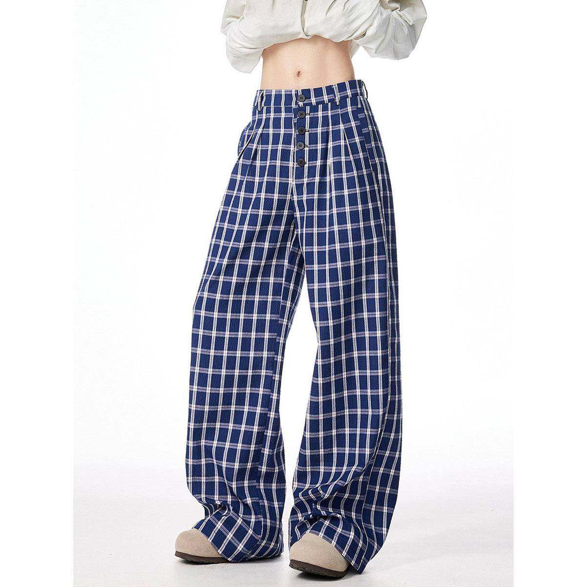 覆古蓝格子休闲裤女男宽松慵懒风秋季小众排扣设计直筒阔腿拖地裤