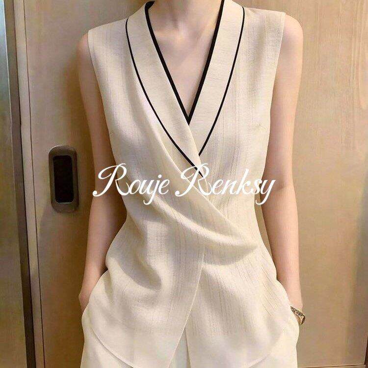 法国Rouje Renksy法式米白色V领无袖马甲女夏交叉式气质坎肩上衣