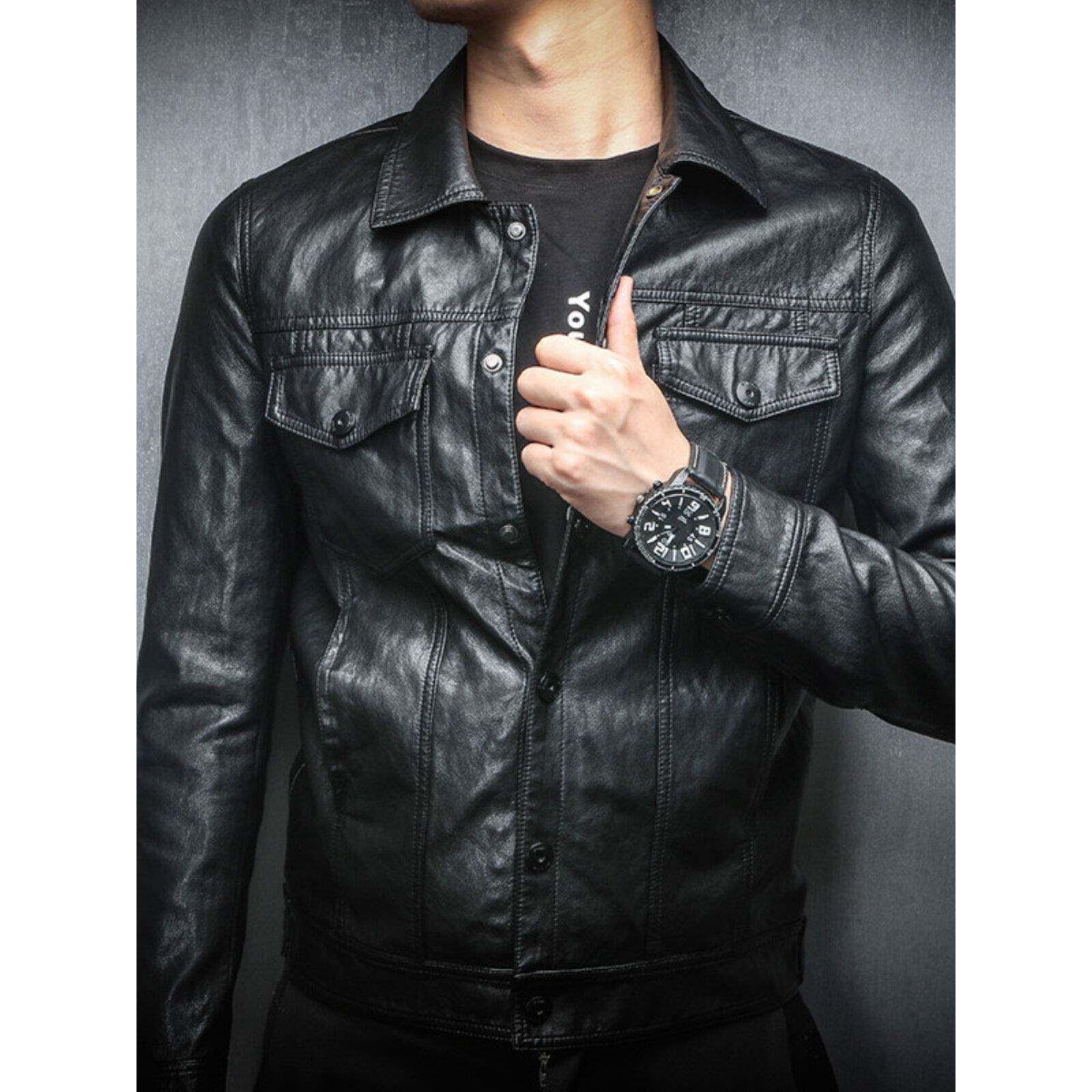 香港秋冬正品皮夹克新款男士休闲摩托车翻领夹克羊毛衬里飞行员修