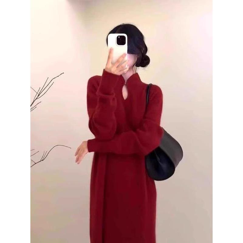 欧洲站秋冬新款洋气红色喜庆国风旗袍改良款针织长裙气质连衣裙女