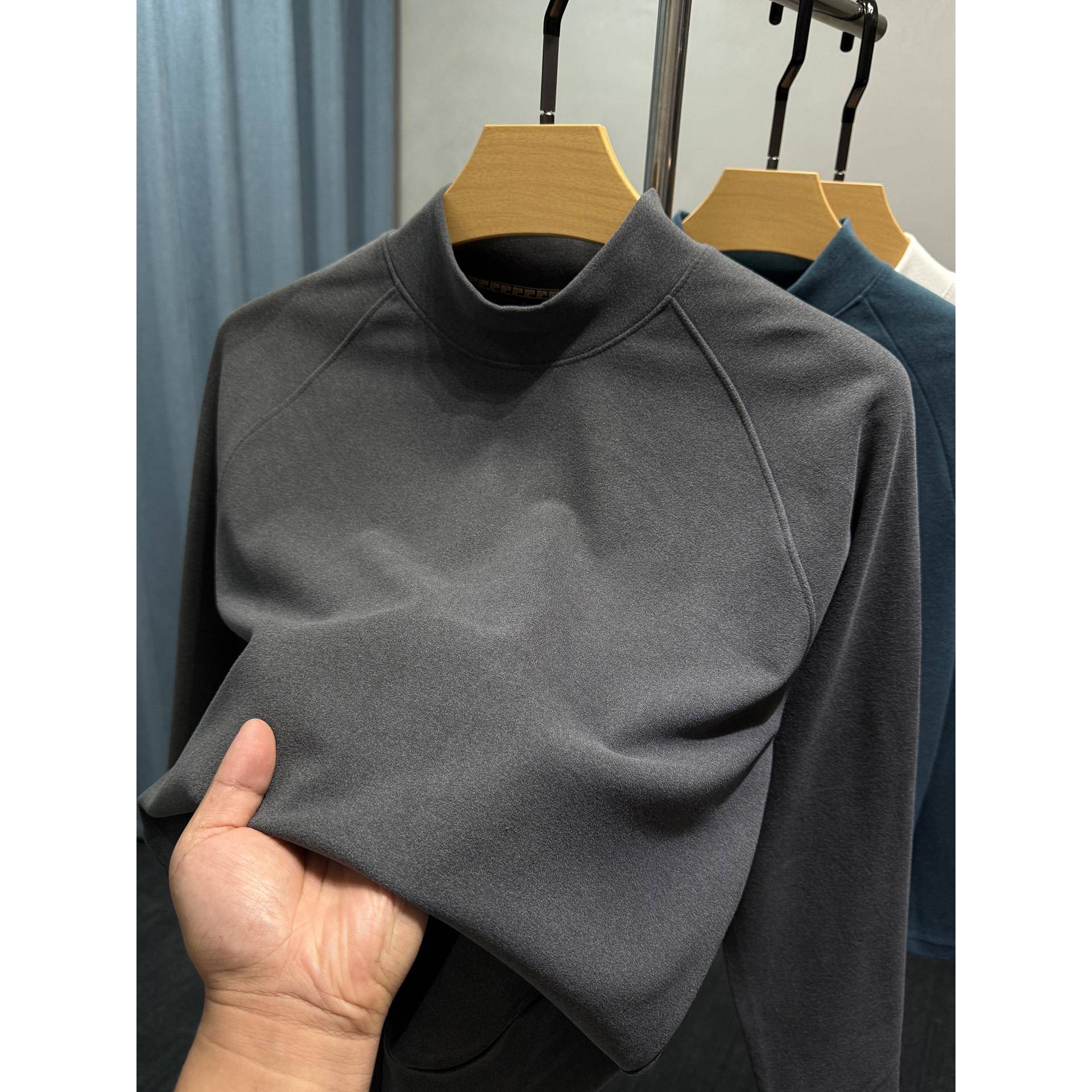 Mostarsea~双面德绒半高领打底衫男秋冬修身斜肩上衣保暖磨毛体恤