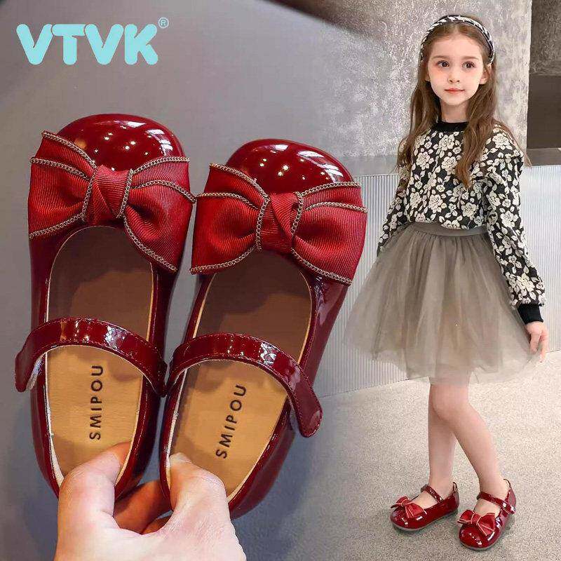VTVK女童皮鞋春秋表演单鞋2025新款豆豆鞋软底红色儿童真皮公主鞋