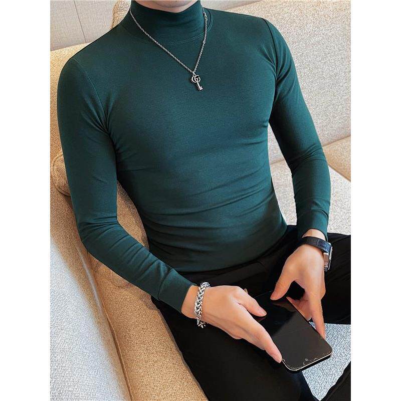 长袖t恤男半高领弹力内衣打底衫纯色中领内搭紧身春秋薄款修身男T