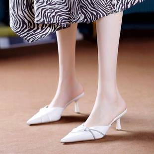 法式包头半拖鞋尖头高跟鞋水钻凉鞋真皮穆勒鞋后空女鞋细跟ol单鞋