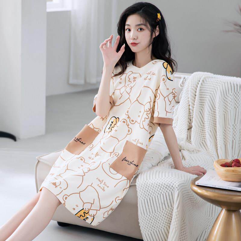 中长版纯棉睡裙女2026年夏季新款短袖睡衣卡通套头休闲夏天家居服