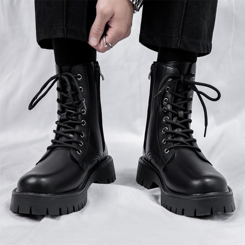 英伦风长筒马丁靴男秋冬透气八孔拉炼款工装鞋黑色高帮机车皮鞋靴