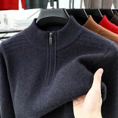 毛衣男款冬季加厚半高领拉炼高端羊毛衫男中年套头爸爸内搭打底衫