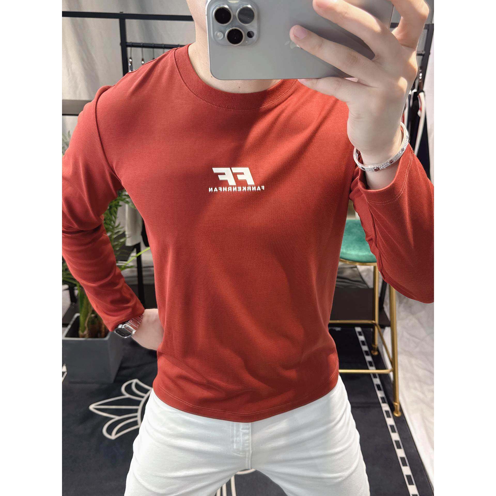 高端欧货字母烫印长袖t恤男秋冬季薄款潮牌时尚圆领修身百搭上衣