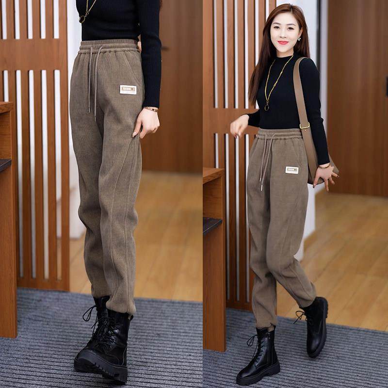 高端灯芯绒裤女2025春秋新款加绒加厚马丁靴裤休闲运动哈伦裤卫裤