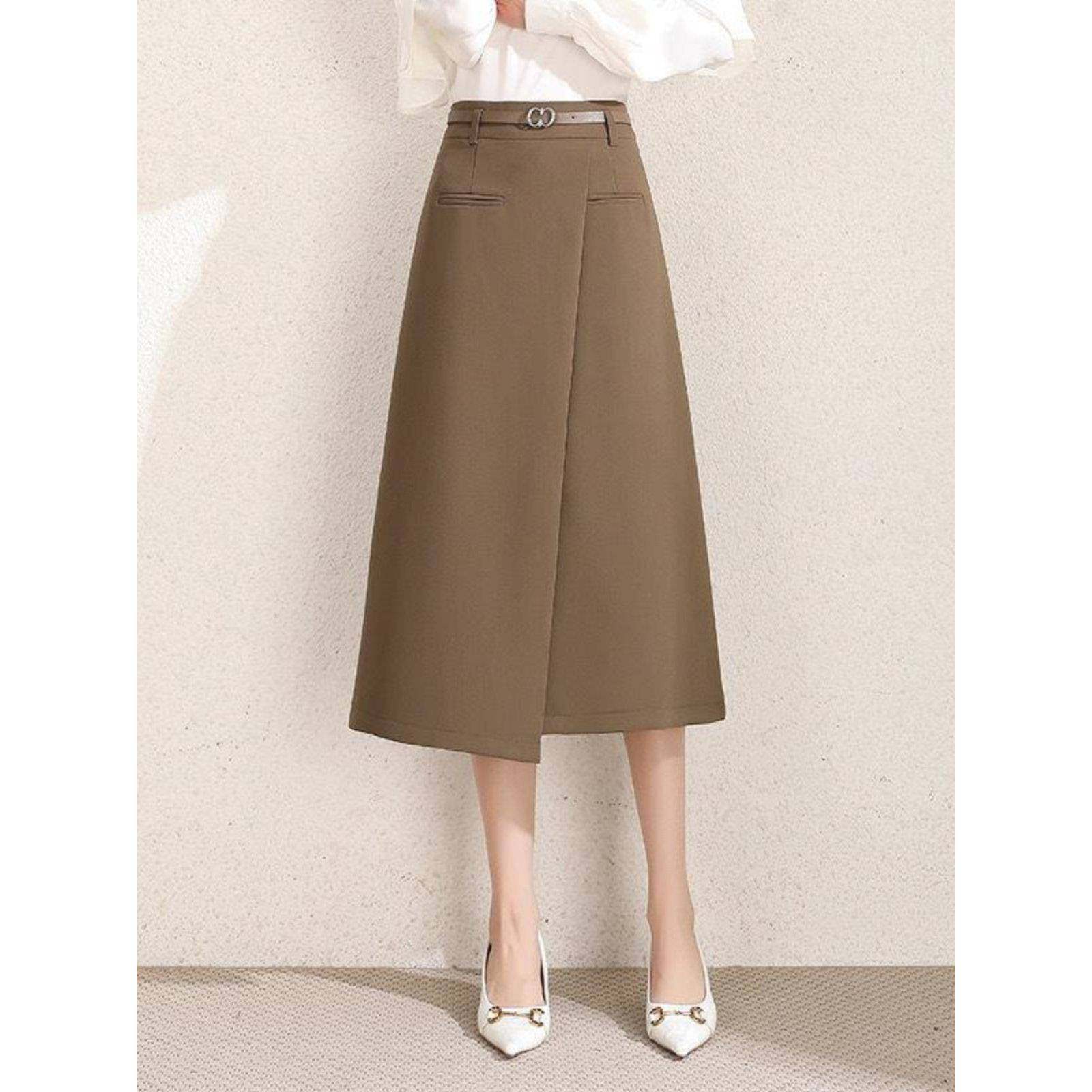 不规则a字裙半身裙中长款春秋季新款高腰显瘦气质开叉西装裙子女