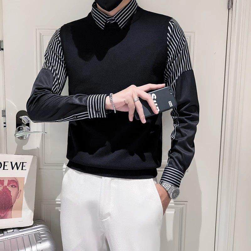 轻奢条纹假两件套毛衣男士衬衫长袖男装加绒保暖衬衣针织衫秋冬季